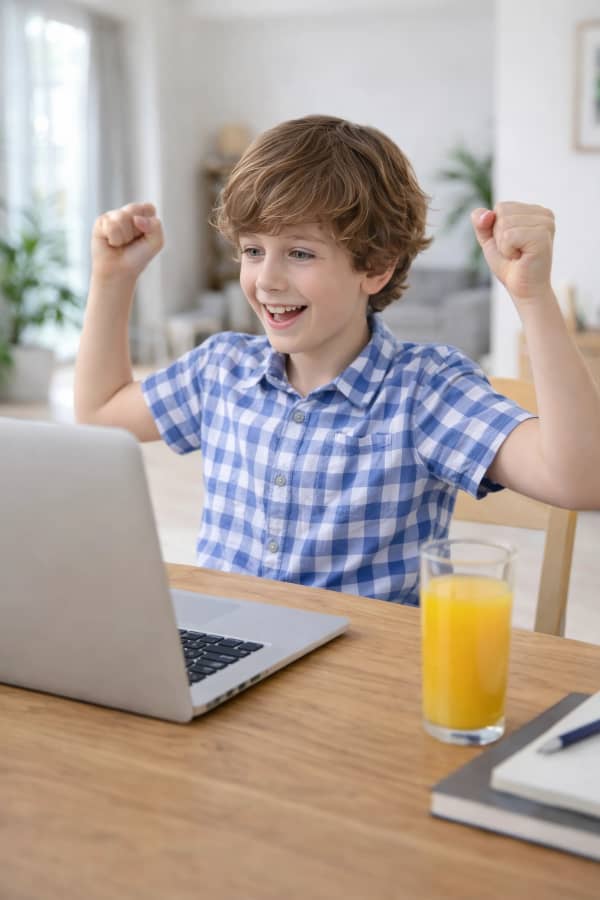 Boy cheering at laptop