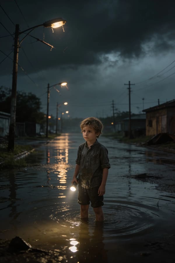 Boy on wet night street