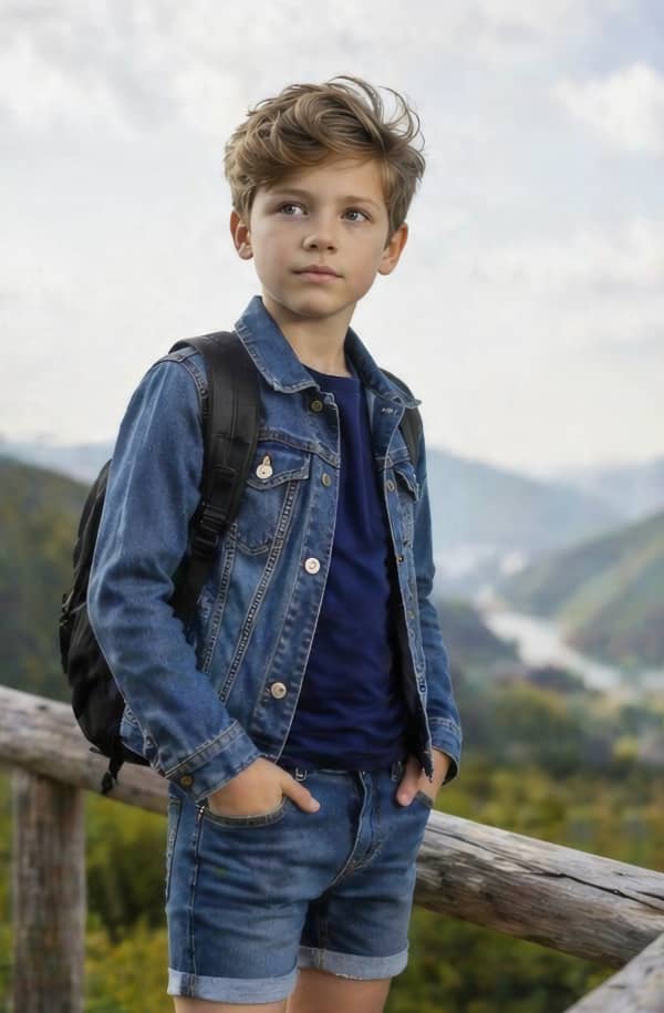 Boy with backpack in mountains