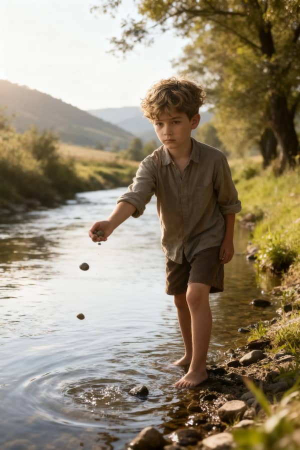 Boy throwing rock in river