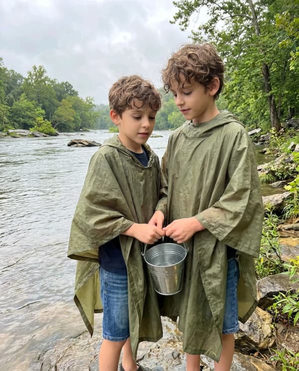 Boys walking by river