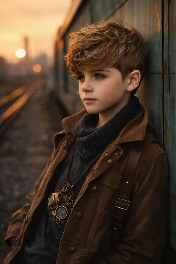 Boy sitting near train tracks