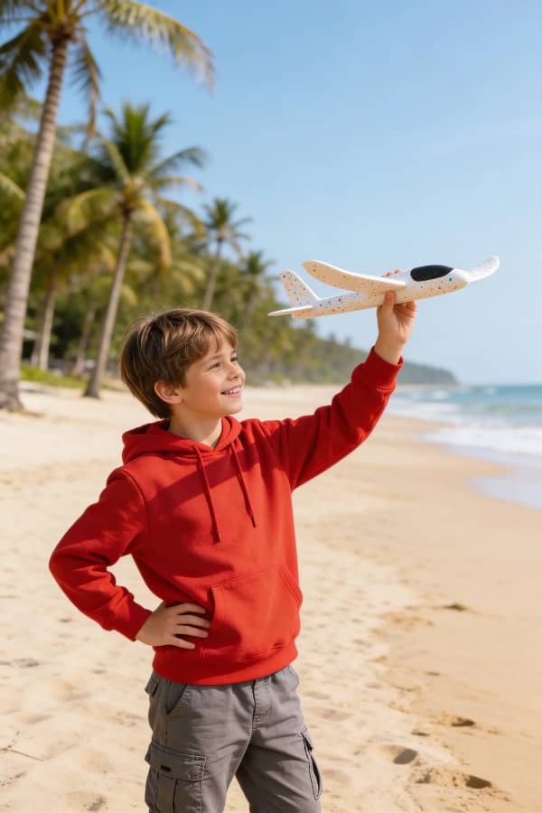 Boy holding toy plane on bench