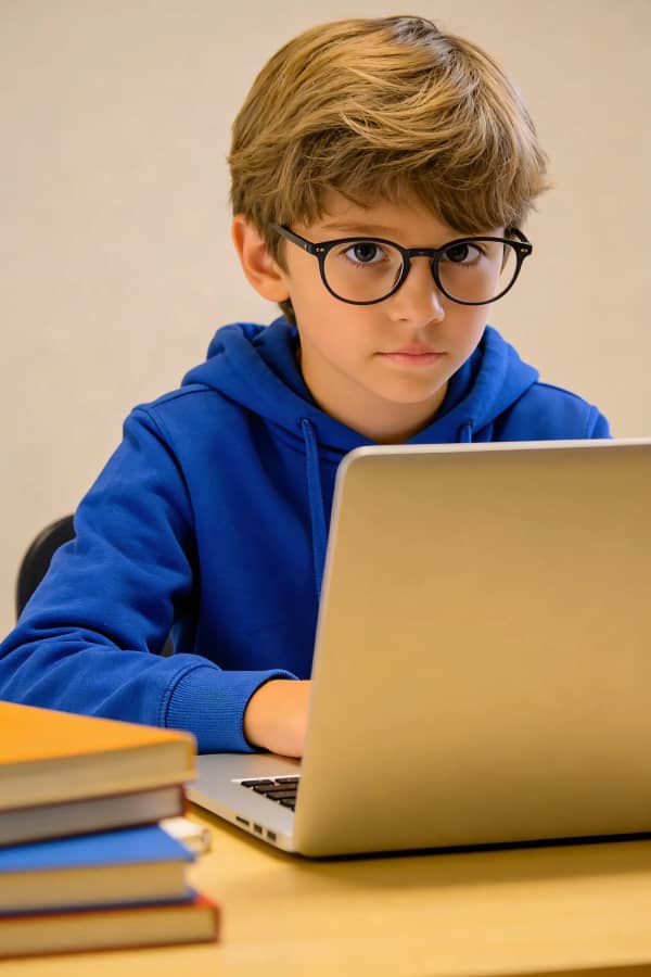 Boy studying on laptop