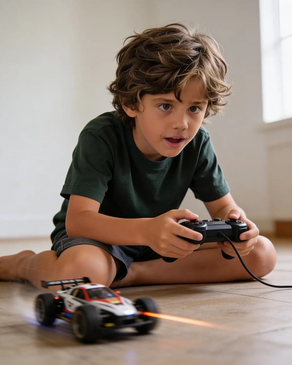 Boy playing with toy car indoors