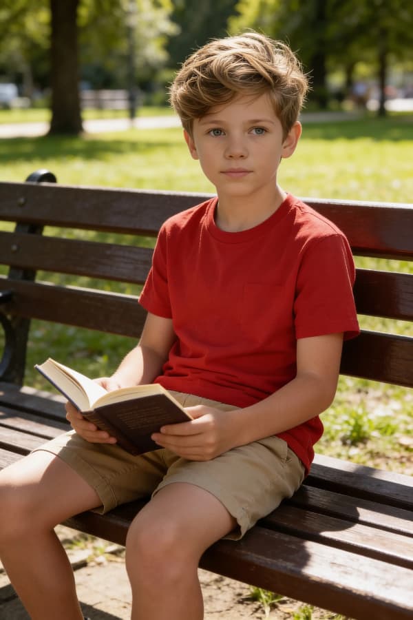Boy reading on park bench