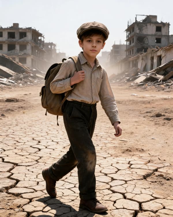 Boy walking on cracked earth