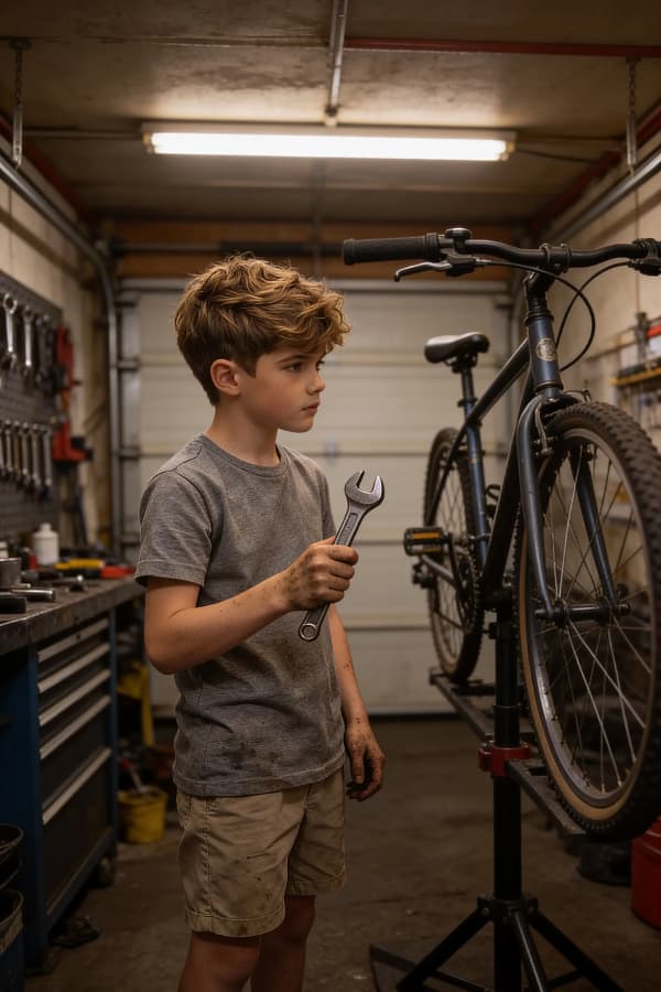 Boy fixing bicycle