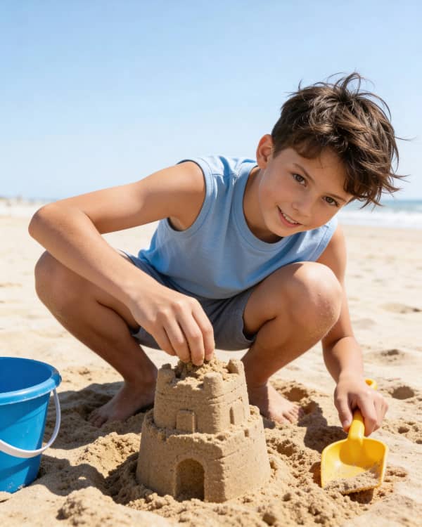 Boy building sandcastle