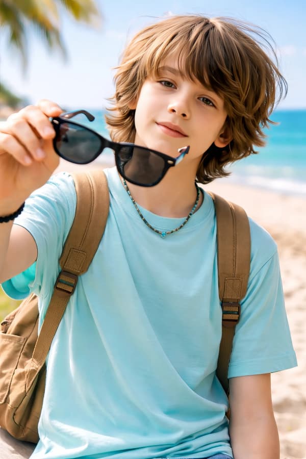 Boy taking selfie by the beach