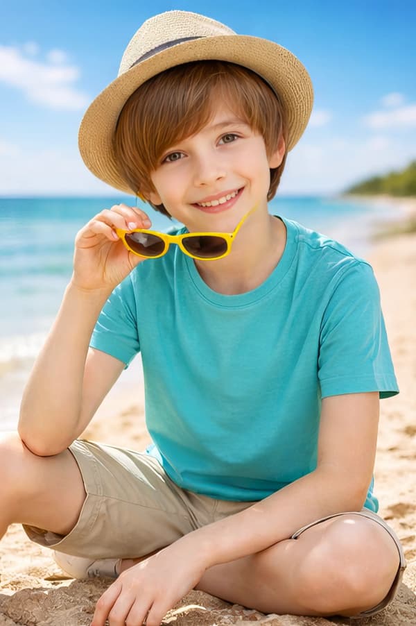Boy at beach with hat