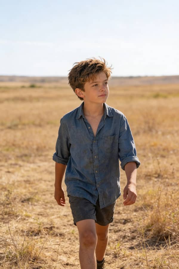 Boy walking in dry field
