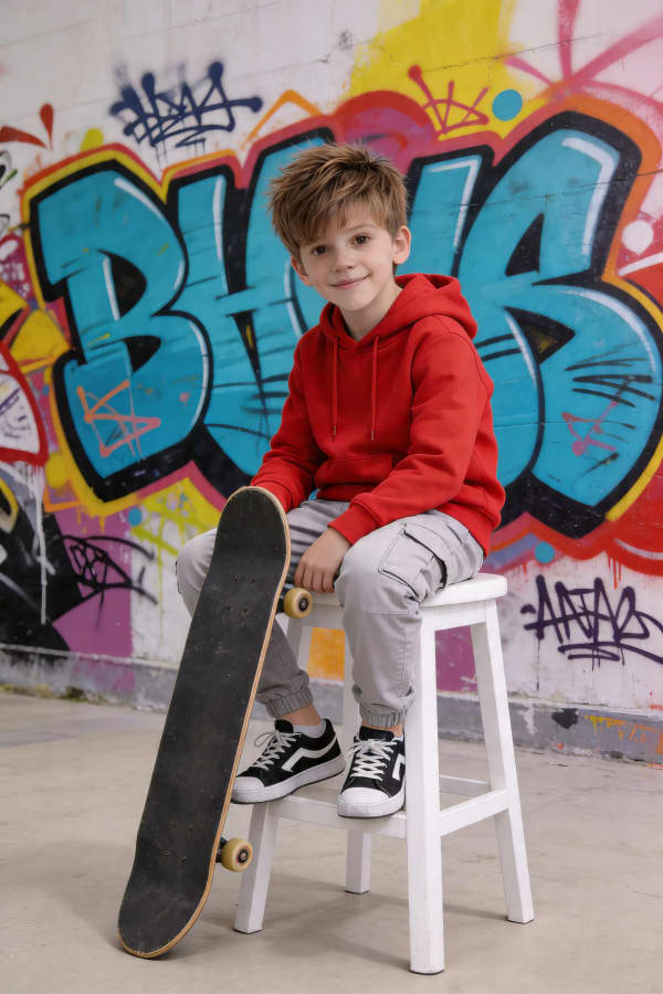 Boy leaning on colorful wall