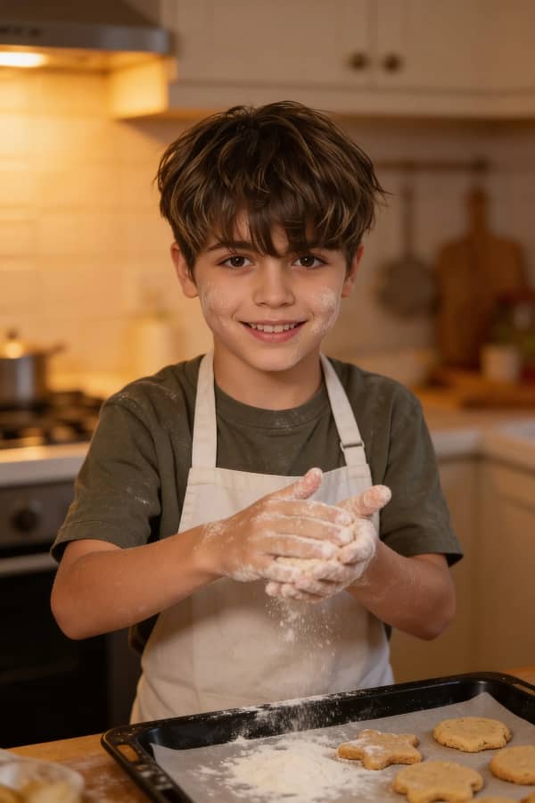 Boy baking with flour
