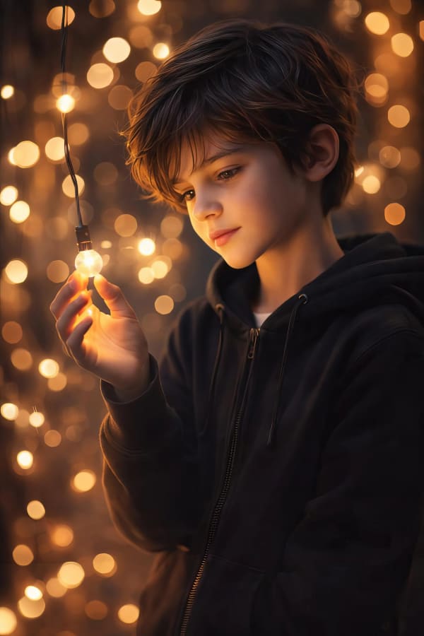 Boy with string lights