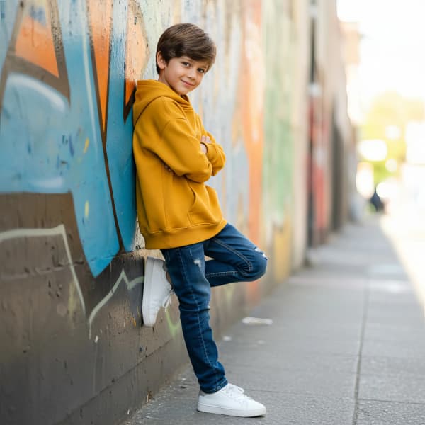 Boy Standing Pose By Blue Wall