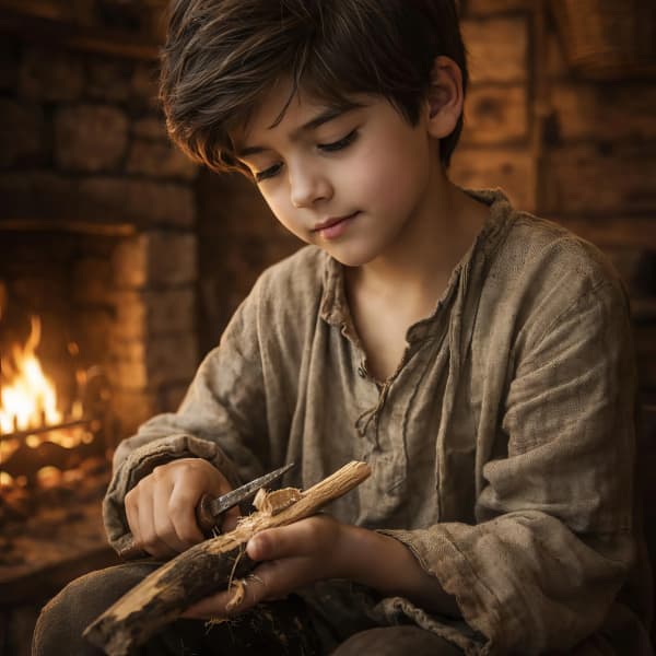 Boy reading by fireplace