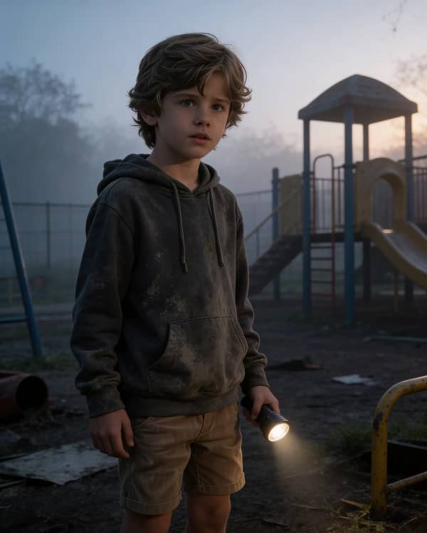 Boy with flashlight in foggy park