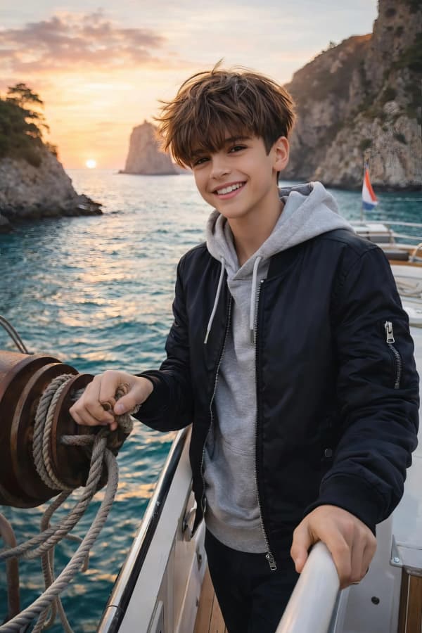 Boy sitting by water