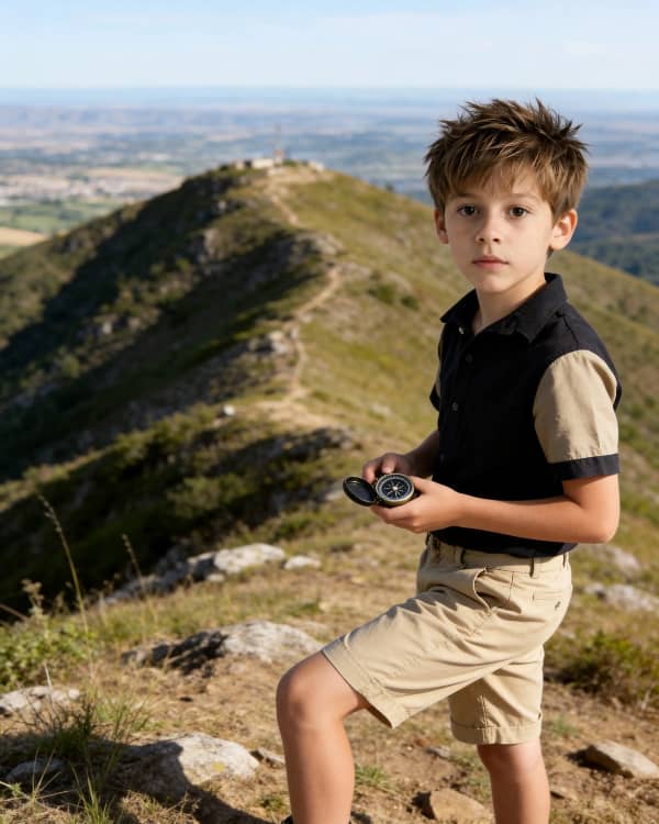 Boy with camera on hill