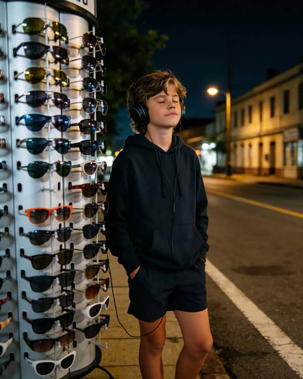 Boy near sunglasses stand