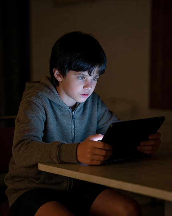 Boy using tablet in dark