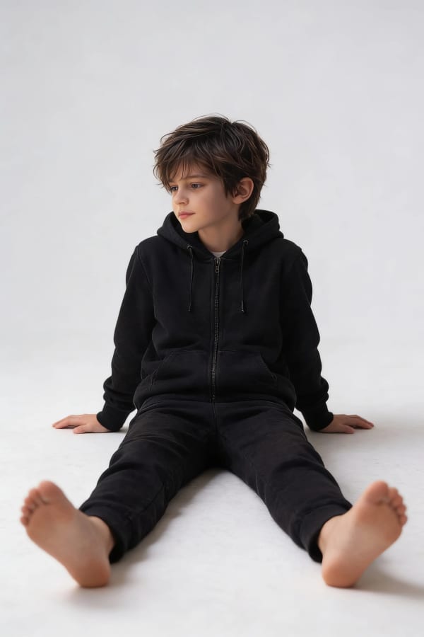 Boy sitting on floor against wall