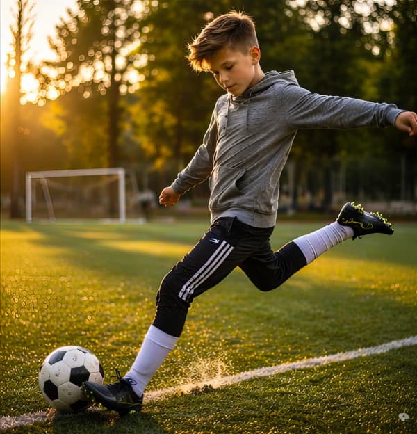 Boy playing soccer on field