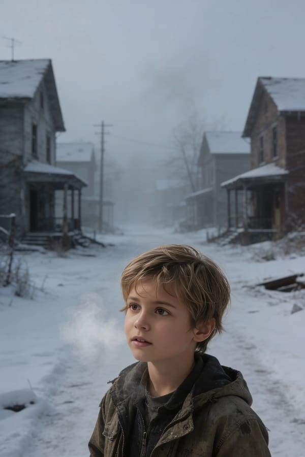 Boy in foggy abandoned town