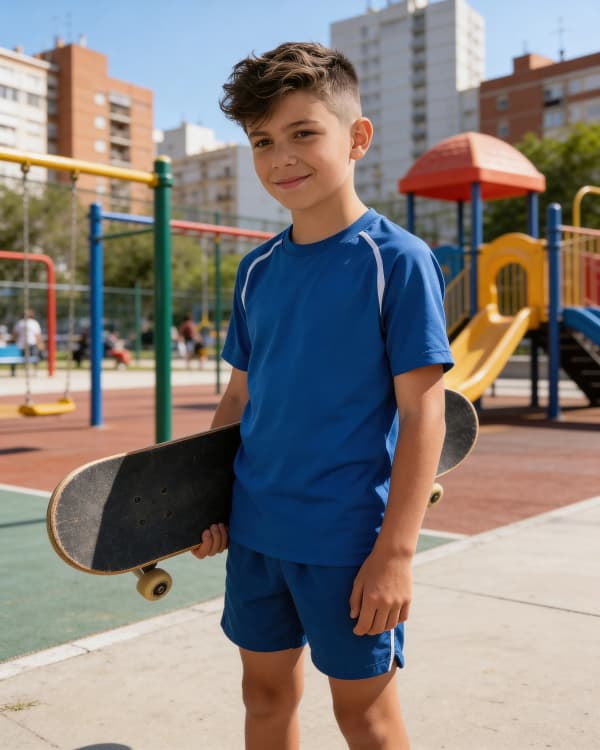 Boy with skateboard in park