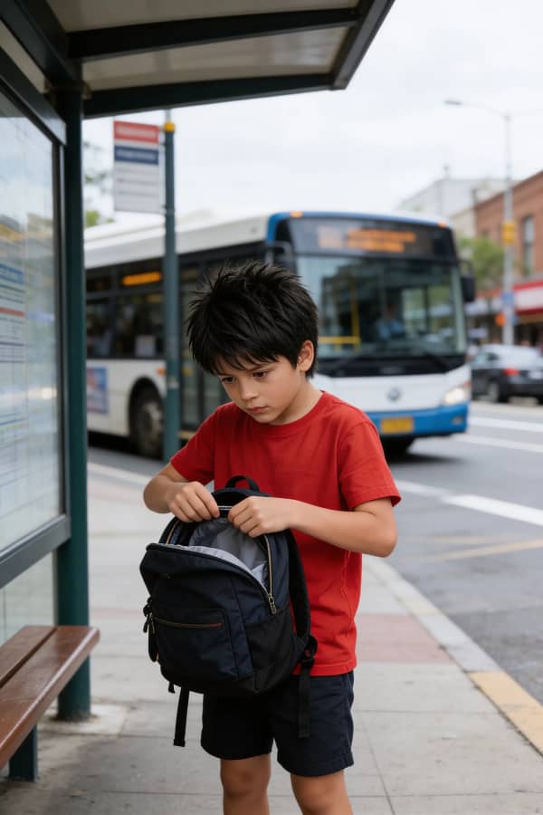 Boy sitting at bus stop