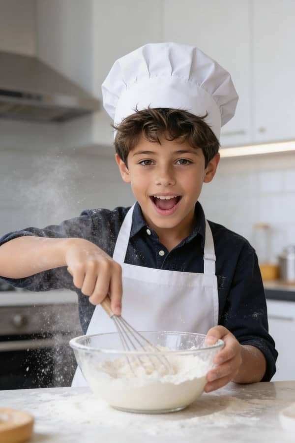 Boy in chef hat cooking