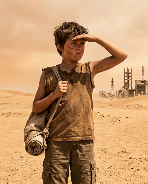 Boy with binoculars in desert