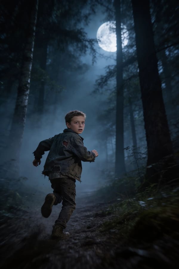 Boy in dark foggy forest