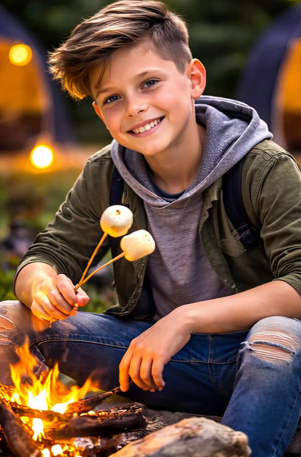 Boy sitting near campfire