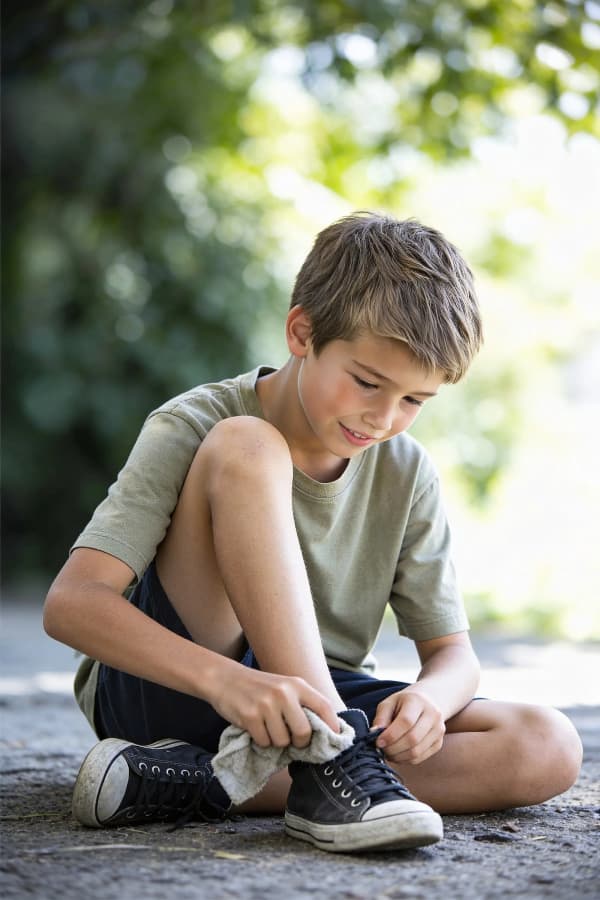 Boy tying shoe outdoors