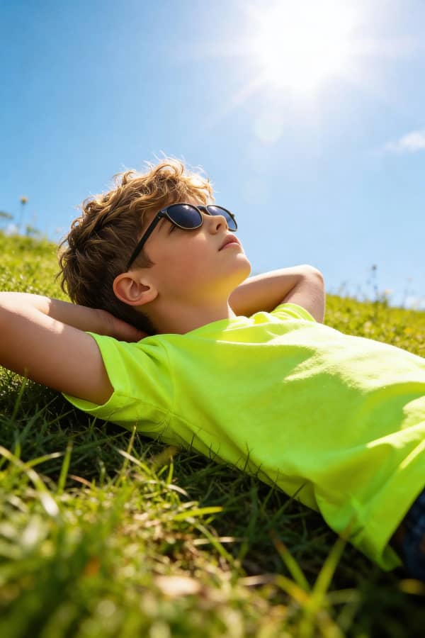 Boy laying on grass