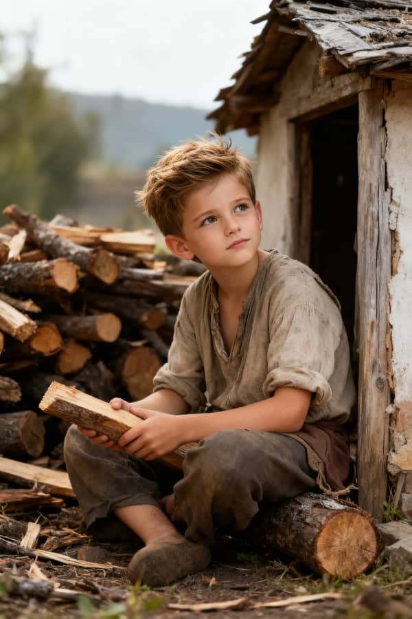 Boy eating near chopped wood