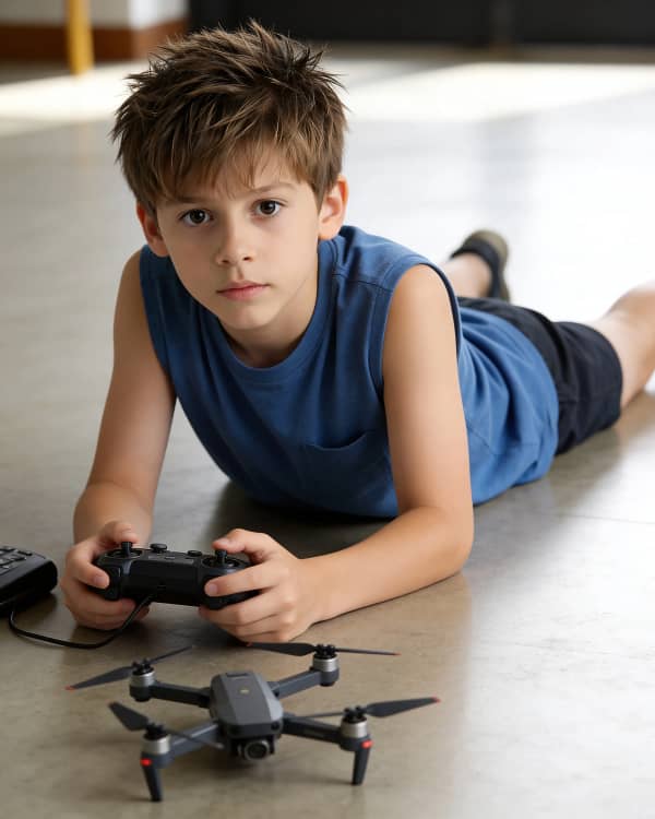 Boy with drone on floor