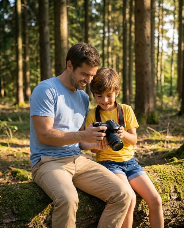 Father and son reading outdoors
