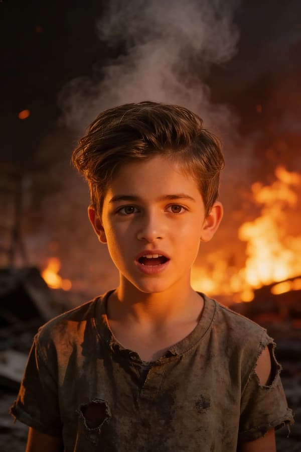 Boy standing near fire