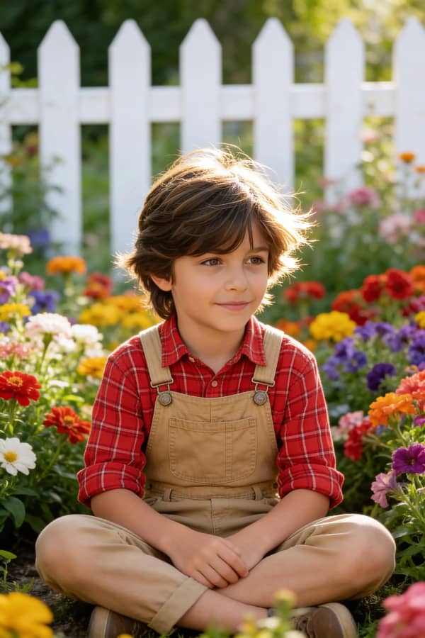 Boy among colorful flowers