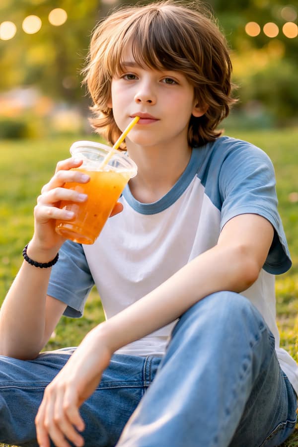 Boy sitting with juice