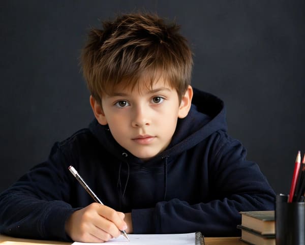 Boy holding notebook and pen