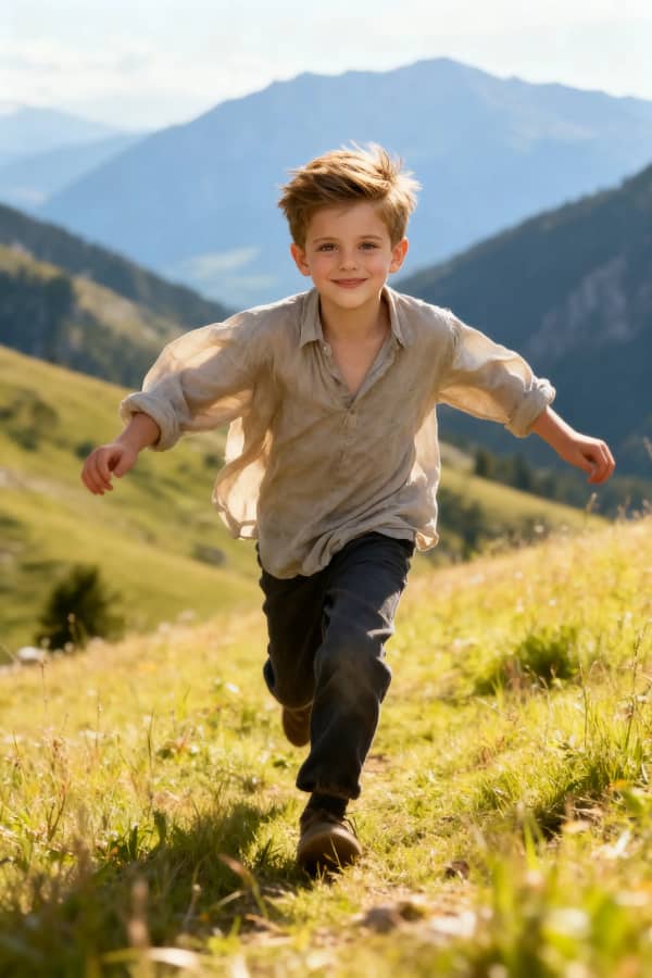 Boy running in mountains