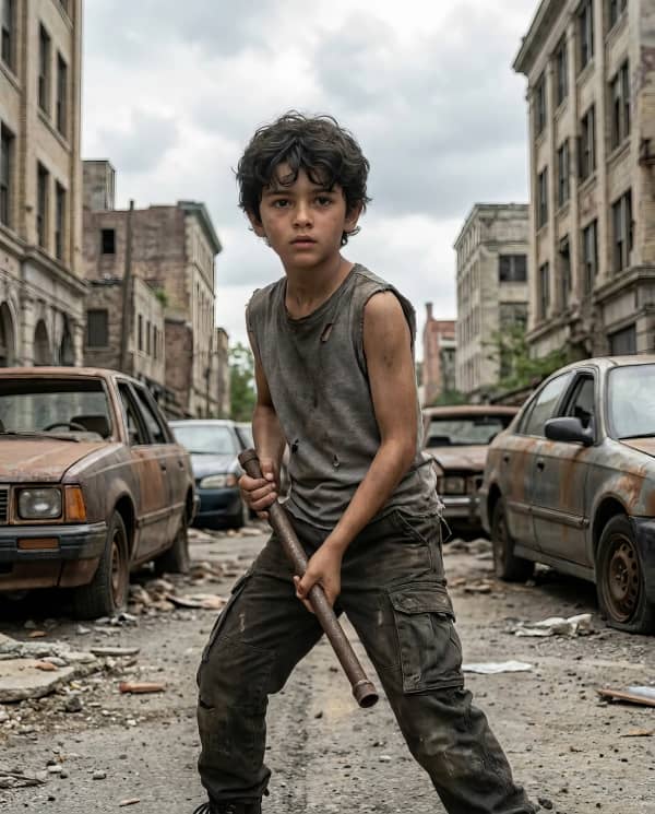 Boy in ruined street