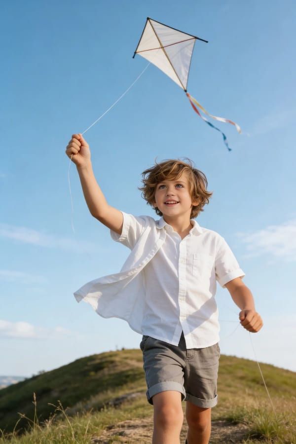 Boy holding kite on hill