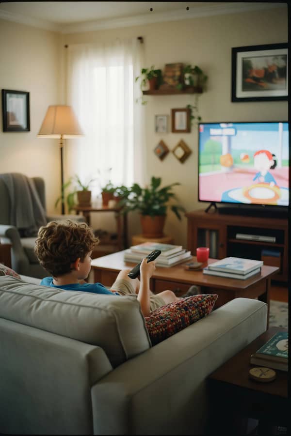 Boy watching TV in living room