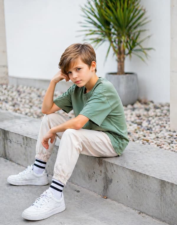 Boy sitting on outdoor steps