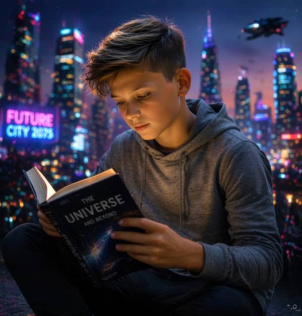 Boy reading glowing book